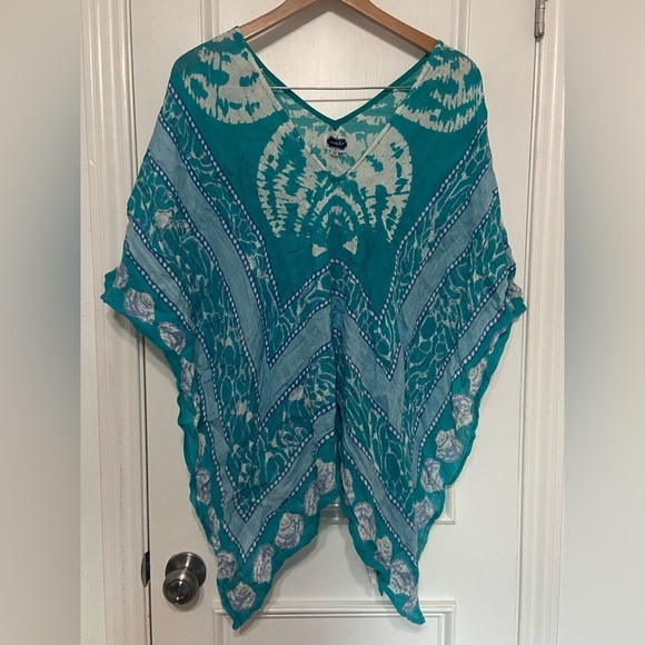 Mud Pie EUC tie dye shell print linen blend poncho beach cover up one size - Picture 2 of 5